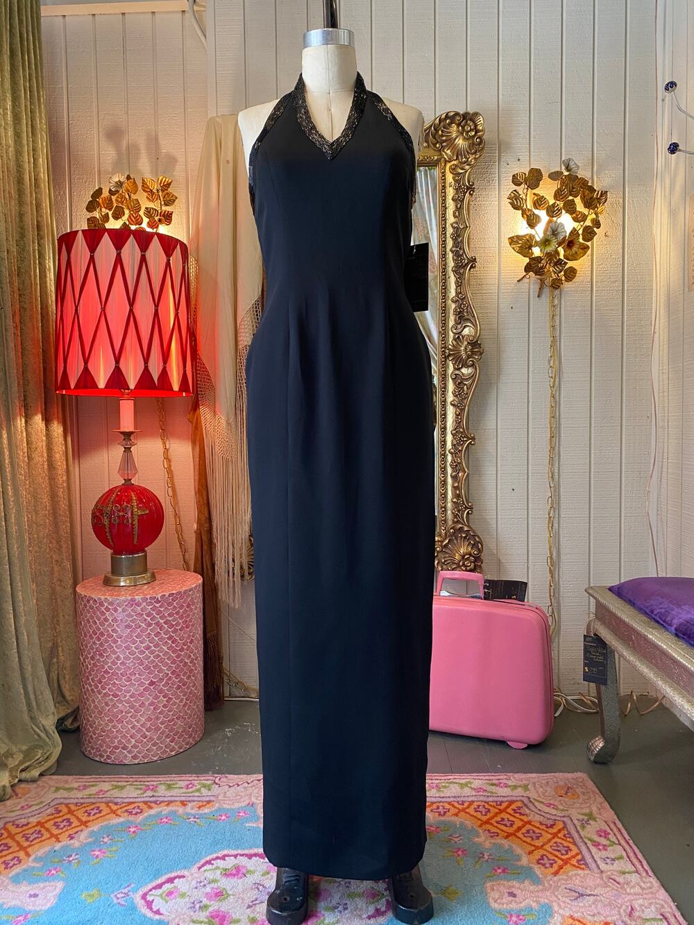 vintage 1990s black crepe beaded gown, 90s maxi dress, halter neck formal, med